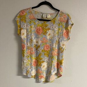 Joie Floral Cap-Sleeve Tee in Light Blue, Coral and Yellow